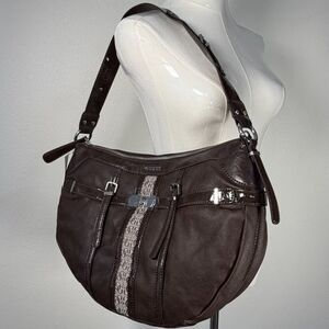 GUESS Shoulder Bag Brown Faux Leather Buckle Accent Logo Stripe Purse NWT